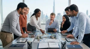 Fotografia de um grupo diverso de sete profissionais de negócios reunidos ao redor de uma mesa de conferência com vista para o horizonte de Dubai, incluindo o Burj Khalifa. Eles estão colaborando e discutindo um grande mapa-múndi e moedas de cassino sobre a mesa, com a mulher em pé apontando para o mapa. Há tablets e notebooks na mesa.