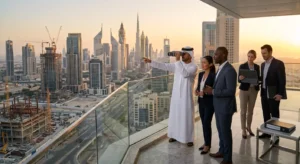 Um grupo de cinco profissionais de negócios, incluindo um homem em trajes tradicionais dos Emirados olhando por binóculos e apontando, está em uma varanda de um arranha-céu com vista para o horizonte de Dubai ao pôr do sol. Outros quatro profissionais em trajes de negócios olham na mesma direção. O Burj Khalifa e guindastes de construção são visíveis na cidade ao fundo.